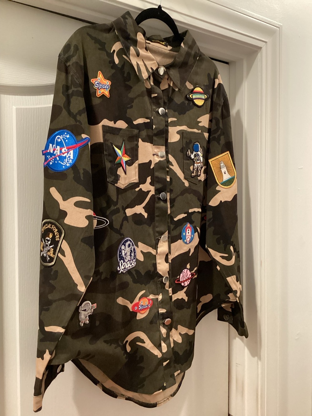CUSTOMIZE Camo Denim Jacket with Assorted Patches - Green